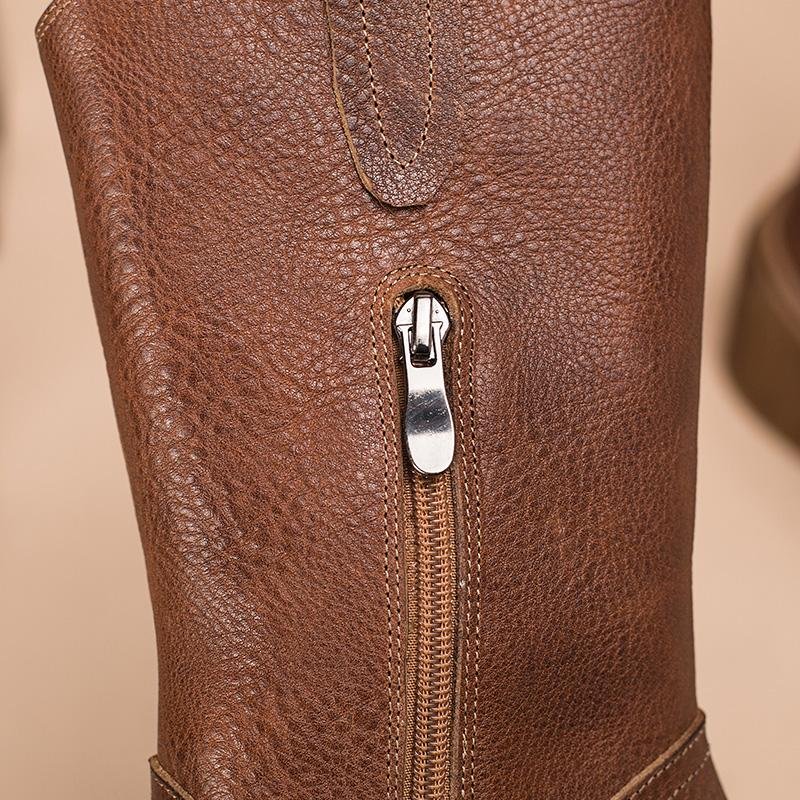 Dwarves Leather Mid Calf Boots High Heel Cowboy Boots Designer Retro Chunky Riding Boots Handmade Short Plush Black/Brown - Image 10