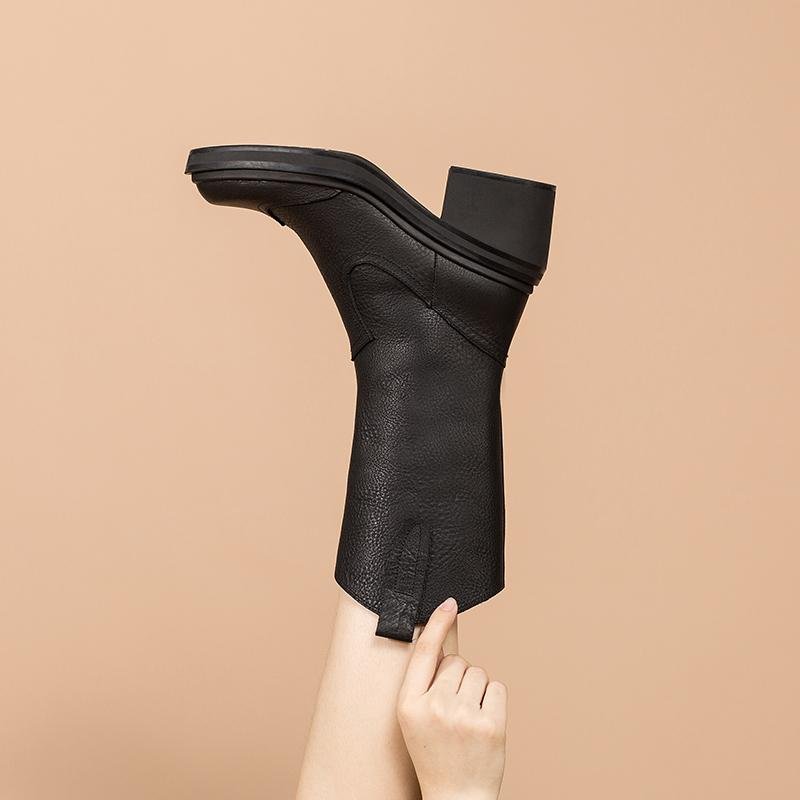 Dwarves Leather Mid Calf Boots High Heel Cowboy Boots Designer Retro Chunky Riding Boots Handmade Short Plush Black/Brown - Image 5