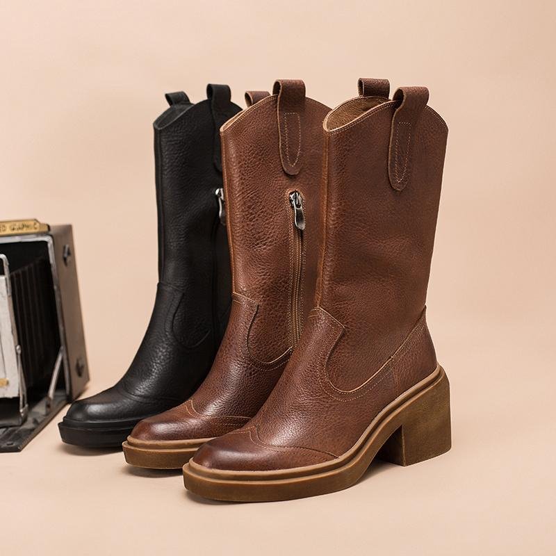 Dwarves Leather Mid Calf Boots High Heel Cowboy Boots Designer Retro Chunky Riding Boots Handmade Short Plush Black/Brown - Image 8