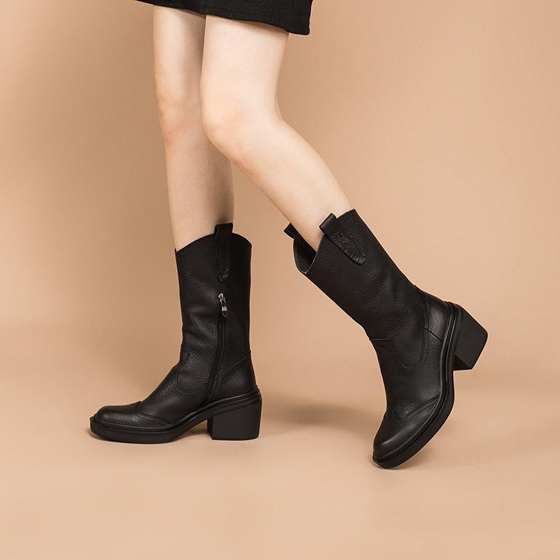 Dwarves Leather Mid Calf Boots High Heel Cowboy Boots Designer Retro Chunky Riding Boots Handmade Short Plush Black/Brown - Image 6