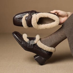 Casual Winter Shaggy Sheepskin Leather Square Toe Loafers in Black/Brown