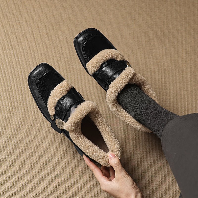 Casual Winter Shaggy Sheepskin Leather Square Toe Loafers in Black/Brown - Image 7
