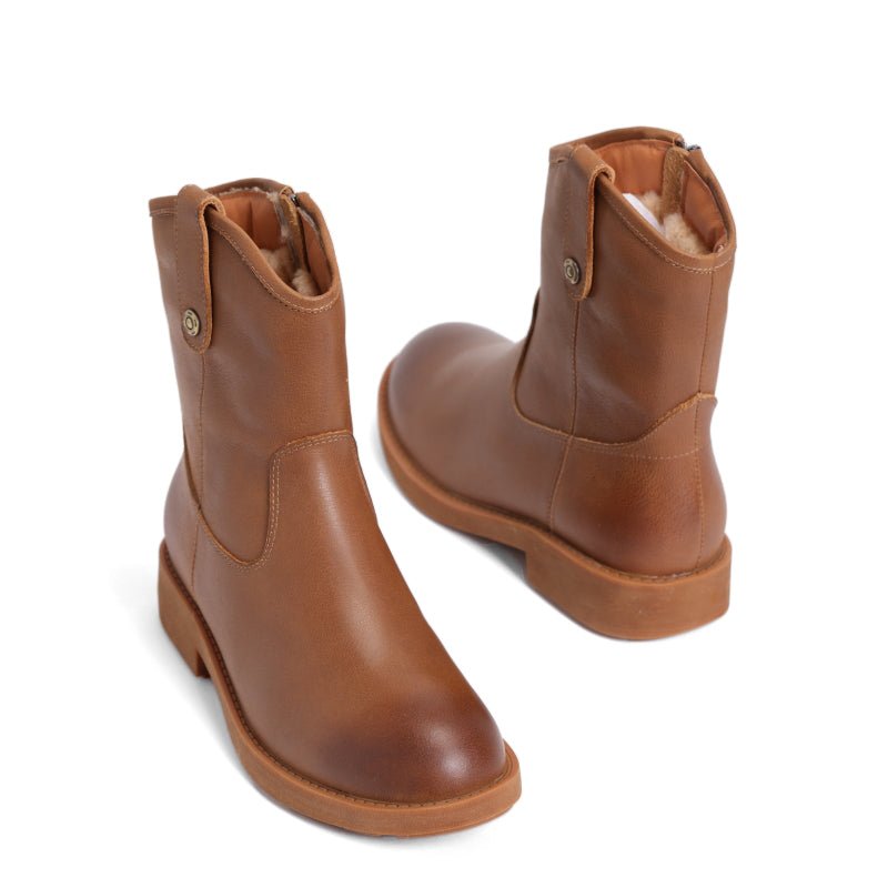 Dwarves Chunky Heel Short Plush Lined Leather Short Boots For Winer Snow Boots in Black / Coffee - Image 11