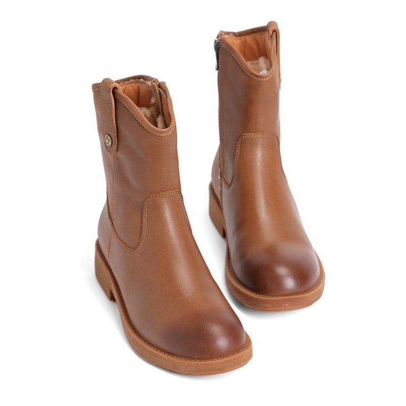 Dwarves Chunky Heel Short Plush Lined Leather Short Boots For Winer Snow Boots in Black / Coffee - Image 12