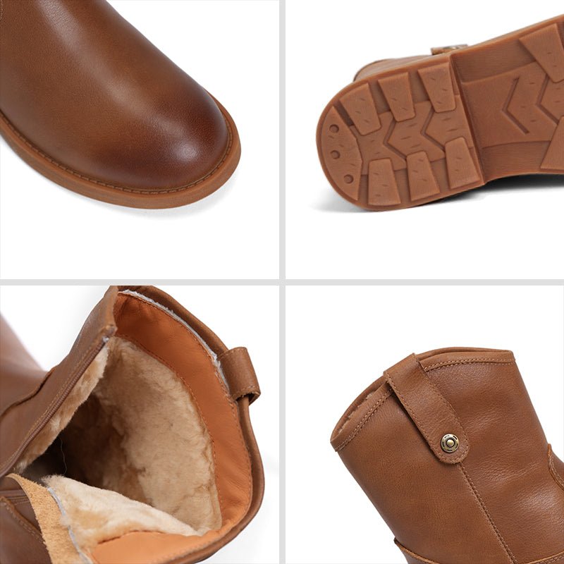 Dwarves Chunky Heel Short Plush Lined Leather Short Boots For Winer Snow Boots in Black / Coffee - Image 14