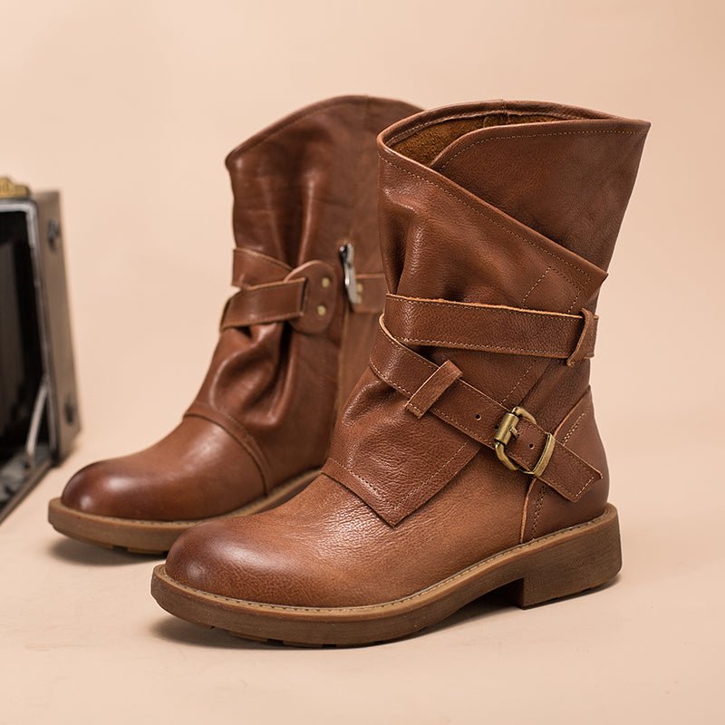 Dwarves Women's Retro Leather Mid Calf Boots for Winter Buckles Boots Coffee/Brown/Black - Image 10