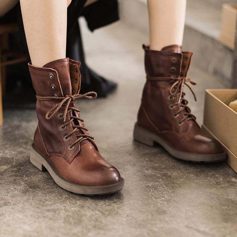 Dwarves Handmade Sheepskin Combat Boots Designer Retro Chunky Riding Boots Coffee/Dark Coffee/Black - Image 9