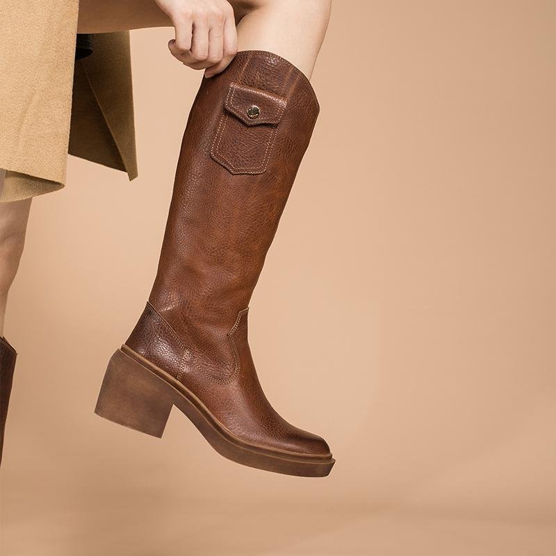 Dwarves Leather Cowboy Boots Designer Retro Chunky Riding Boots Knee High Boots Handmade High Heel Short Plush Black/Brown - Image 4