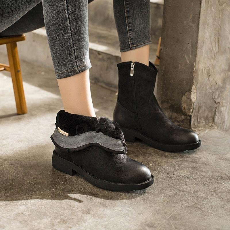 Dwarves Chunky Heel Short Plush Lined Leather Short Boots For Winer Snow Boots in Black / Coffee - Image 5