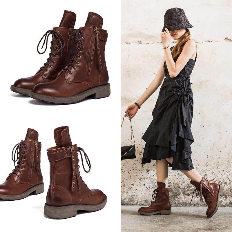 Dwarves Punk Sheepskin Combat Boots Designer Retro Chunky Riding Boots Side Zip Coffee/Dark Coffee/Black - Image 10