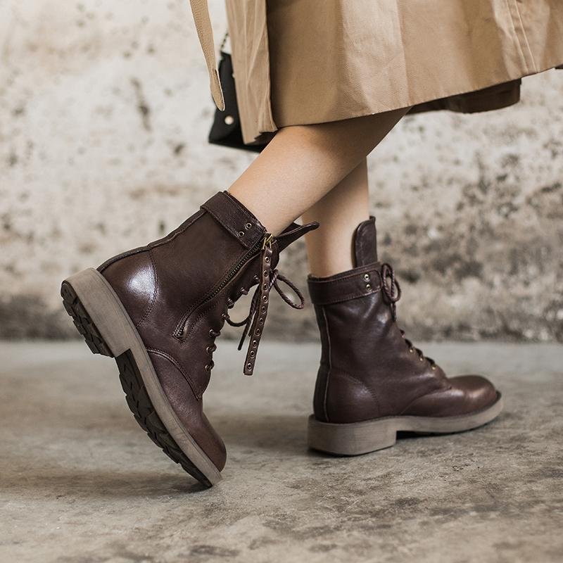 Dwarves Punk Sheepskin Combat Boots Designer Retro Chunky Riding Boots Side Zip Coffee/Dark Coffee/Black - Image 4