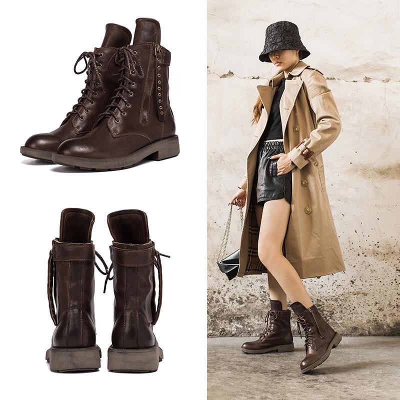 Dwarves Punk Sheepskin Combat Boots Designer Retro Chunky Riding Boots Side Zip Coffee/Dark Coffee/Black - Image 9