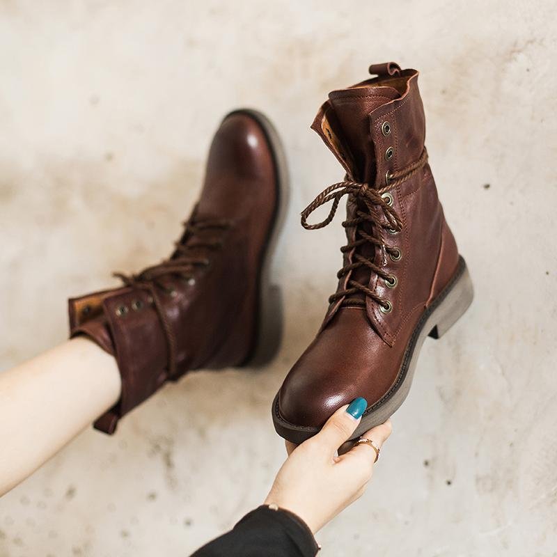 Dwarves Handmade Sheepskin Combat Boots Designer Retro Chunky Riding Boots Coffee/Dark Coffee/Black - Image 7