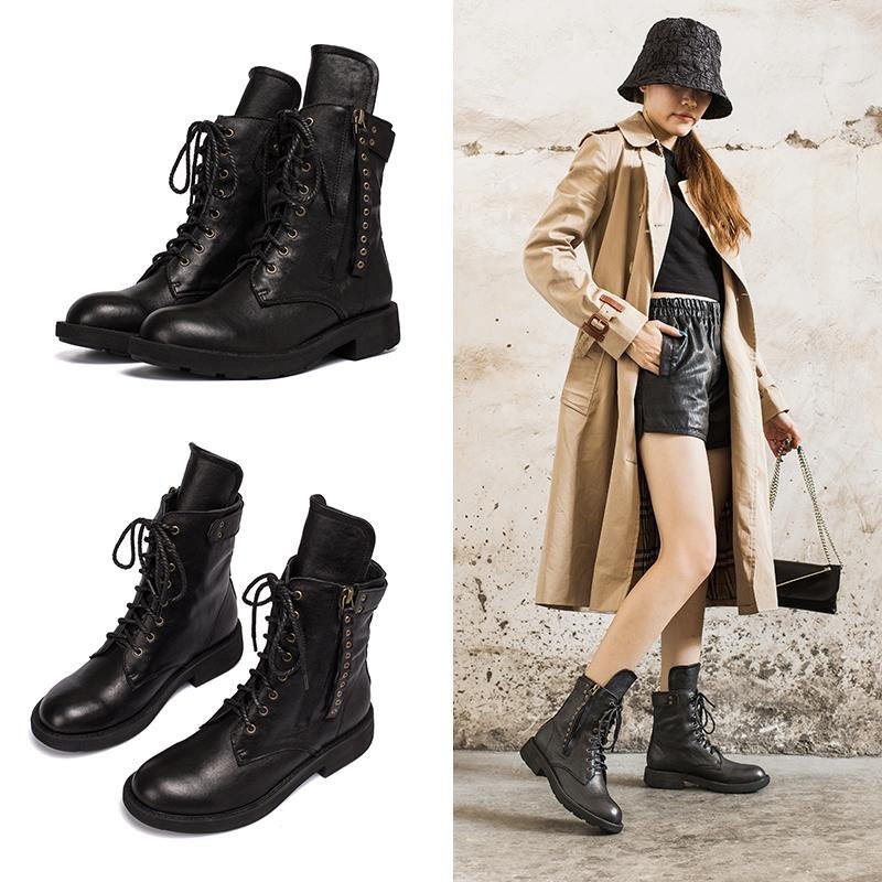 Dwarves Punk Sheepskin Combat Boots Designer Retro Chunky Riding Boots Side Zip Coffee/Dark Coffee/Black - Image 11