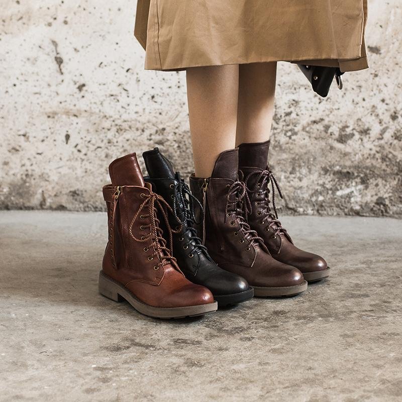 Dwarves Punk Sheepskin Combat Boots Designer Retro Chunky Riding Boots Side Zip Coffee/Dark Coffee/Black - Image 3