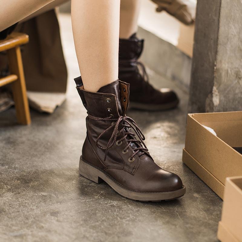 Dwarves Handmade Sheepskin Combat Boots Designer Retro Chunky Riding Boots Coffee/Dark Coffee/Black - Image 4