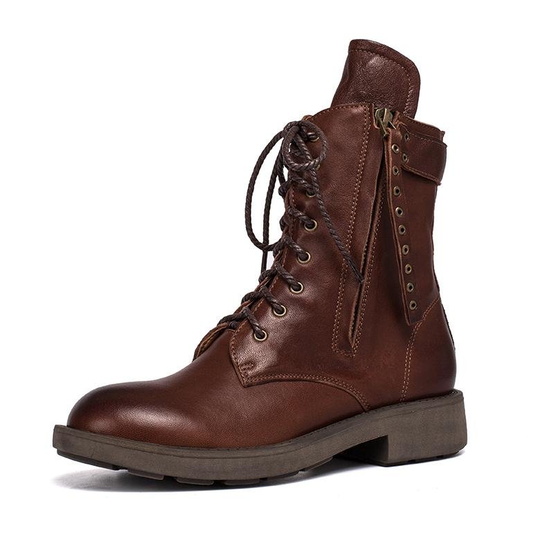 Dwarves Punk Sheepskin Combat Boots Designer Retro Chunky Riding Boots Side Zip Coffee/Dark Coffee/Black - Image 6