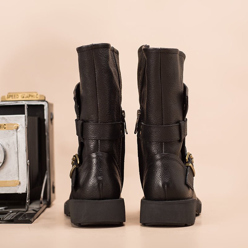 Dwarves Women's Retro Leather Mid Calf Boots for Winter Buckles Boots Coffee/Brown/Black - Image 9