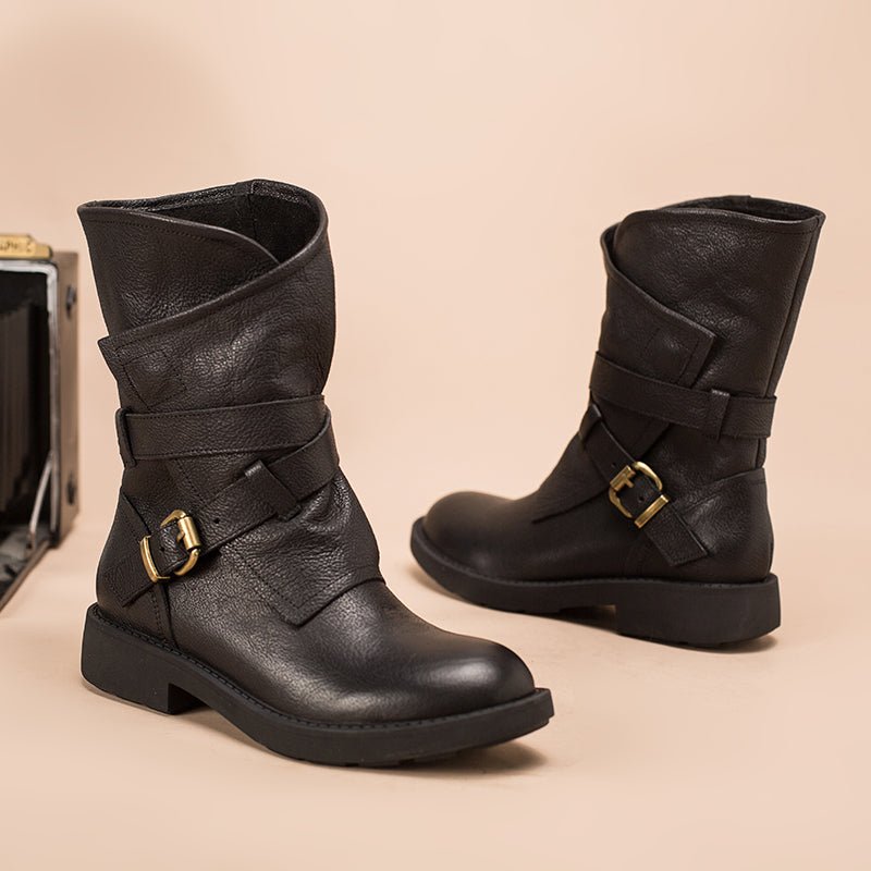 Dwarves Women's Retro Leather Mid Calf Boots for Winter Buckles Boots Coffee/Brown/Black - Image 8