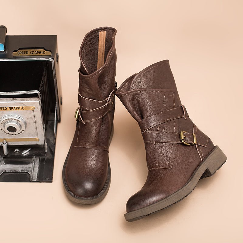 Dwarves Women's Retro Leather Mid Calf Boots for Winter Buckles Boots Coffee/Brown/Black - Image 7