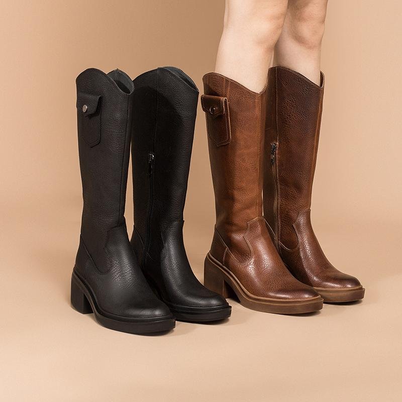 Dwarves Leather Cowboy Boots Designer Retro Chunky Riding Boots Knee High Boots Handmade High Heel Short Plush Black/Brown - Image 7