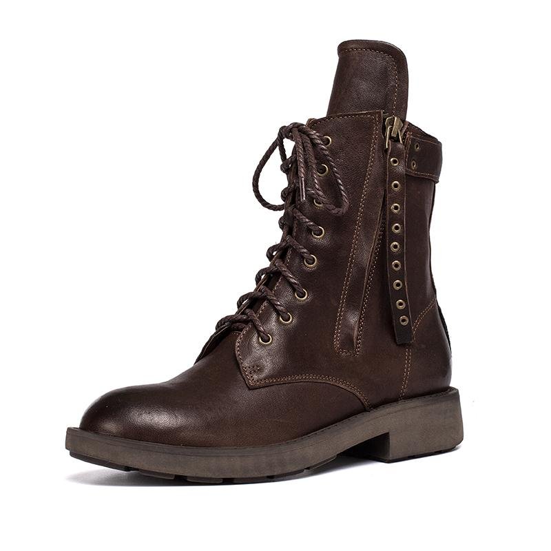 Dwarves Punk Sheepskin Combat Boots Designer Retro Chunky Riding Boots Side Zip Coffee/Dark Coffee/Black - Image 7