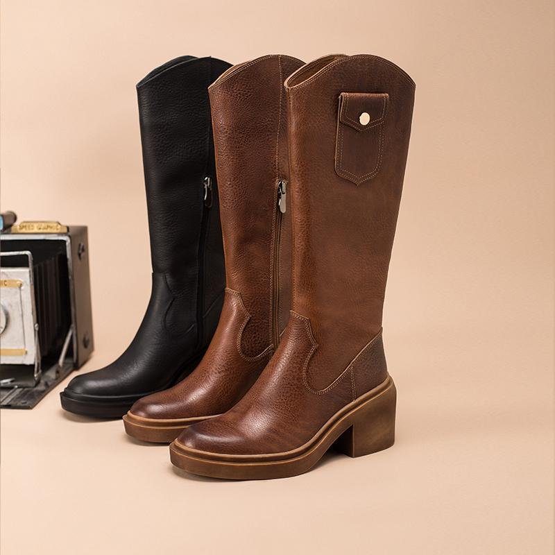 Dwarves Leather Cowboy Boots Designer Retro Chunky Riding Boots Knee High Boots Handmade High Heel Short Plush Black/Brown - Image 6