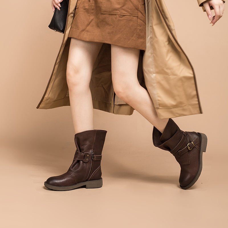 Dwarves Women's Retro Leather Mid Calf Boots for Winter Buckles Boots Coffee/Brown/Black - Image 3