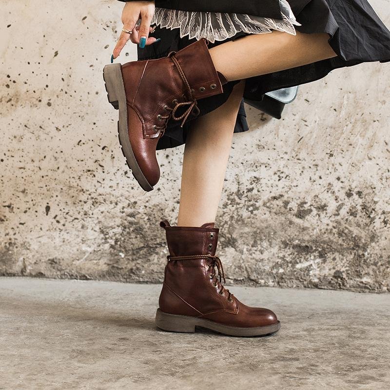 Dwarves Handmade Sheepskin Combat Boots Designer Retro Chunky Riding Boots Coffee/Dark Coffee/Black - Image 8