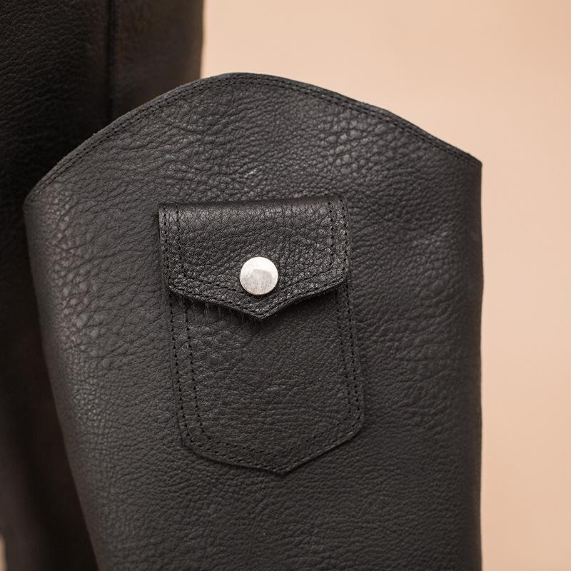 Dwarves Leather Cowboy Boots Designer Retro Chunky Riding Boots Knee High Boots Handmade High Heel Short Plush Black/Brown - Image 13