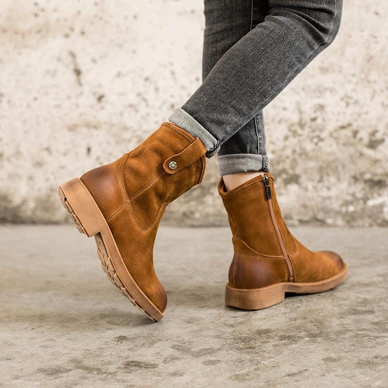 Dwarves Chunky Heel Short Plush Lined Leather Short Boots For Winer Snow Boots in Black / Coffee - Image 8