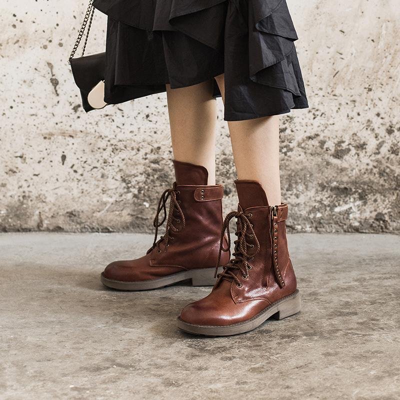 Dwarves Punk Sheepskin Combat Boots Designer Retro Chunky Riding Boots Side Zip Coffee/Dark Coffee/Black - Image 2