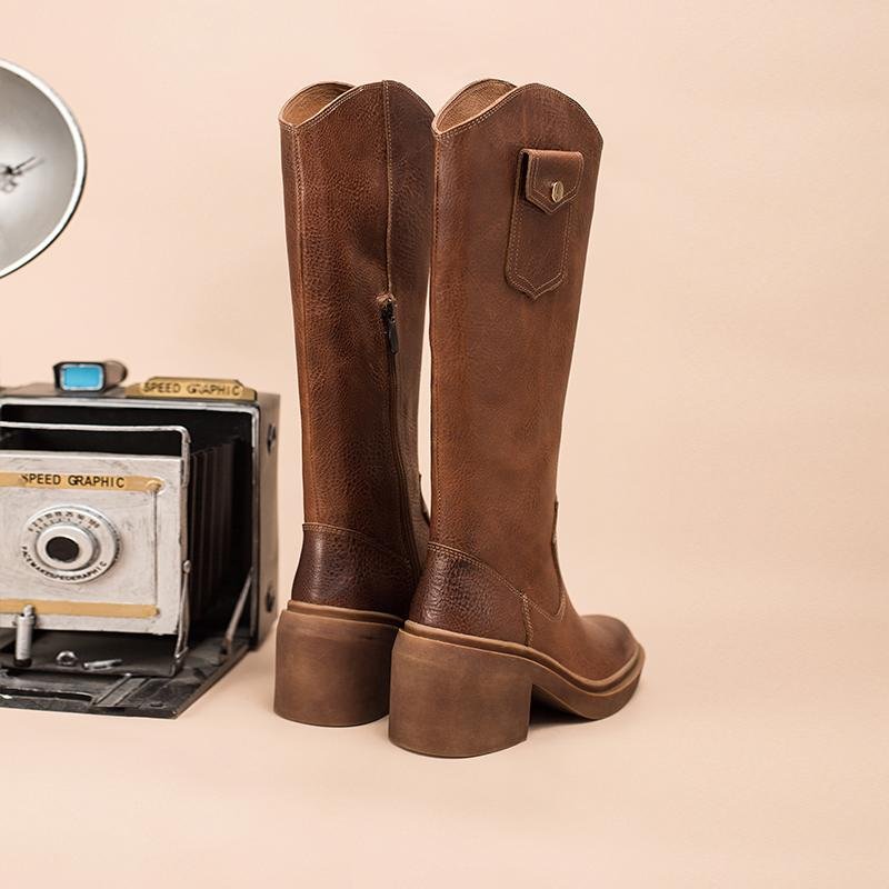 Dwarves Leather Cowboy Boots Designer Retro Chunky Riding Boots Knee High Boots Handmade High Heel Short Plush Black/Brown - Image 5