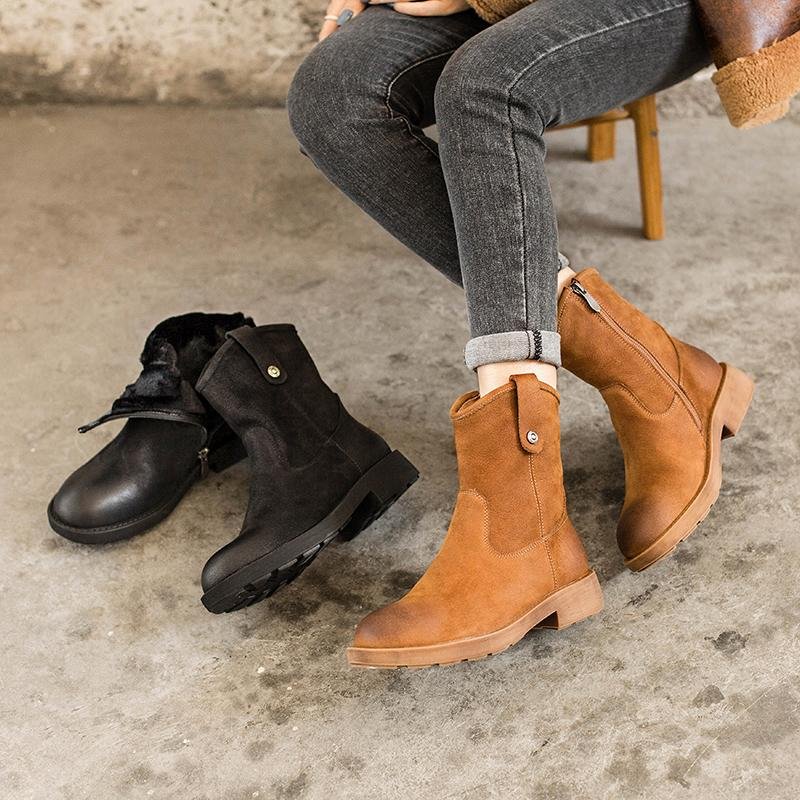 Dwarves Chunky Heel Short Plush Lined Leather Short Boots For Winer Snow Boots in Black / Coffee - Image 4