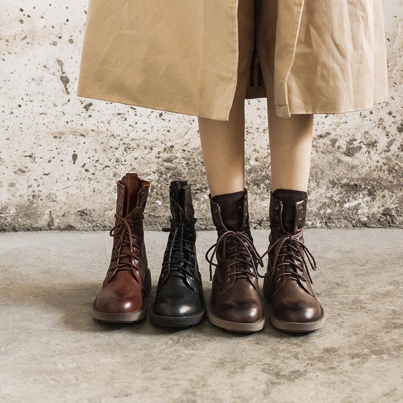 Dwarves Handmade Sheepskin Combat Boots Designer Retro Chunky Riding Boots Coffee/Dark Coffee/Black - Image 2