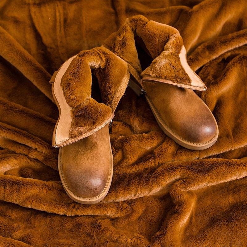 Dwarves Chunky Heel Short Plush Lined Leather Short Boots For Winer Snow Boots in Black / Coffee - Image 2