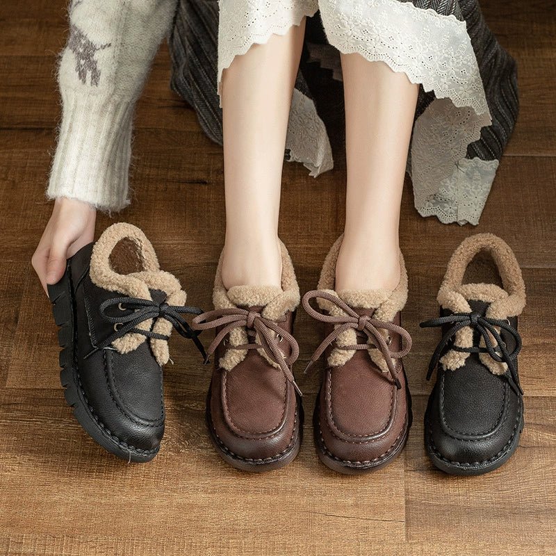 Handmade Winter Warm Lined Cow Leather Oxford Shoes for Women in Black/Coffee - Image 2