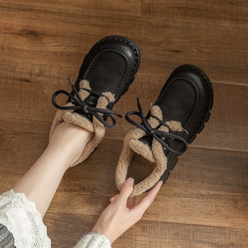 Handmade Winter Warm Lined Cow Leather Oxford Shoes for Women in Black/Coffee - Image 3