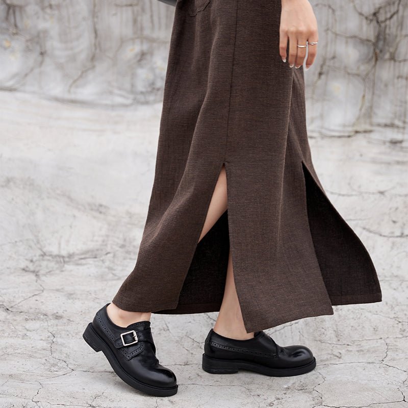 Women's Handmade Horse Leather Monk Strap Brogue Shoes Vintage Oxford Style in Black - Image 5