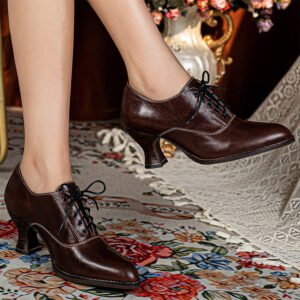 Vintage Handmade Victorian Oxford Heels for Women Steampunk Leather 70mm Pumps in Coffee/Wine Red/Black