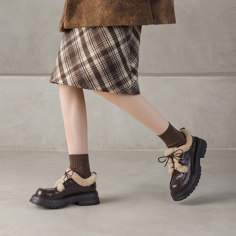 Winter Shaggy Platform Oxford Shoes Lace-Up Sheepskin Leather Casual Shoes in Black/Brown - Image 3