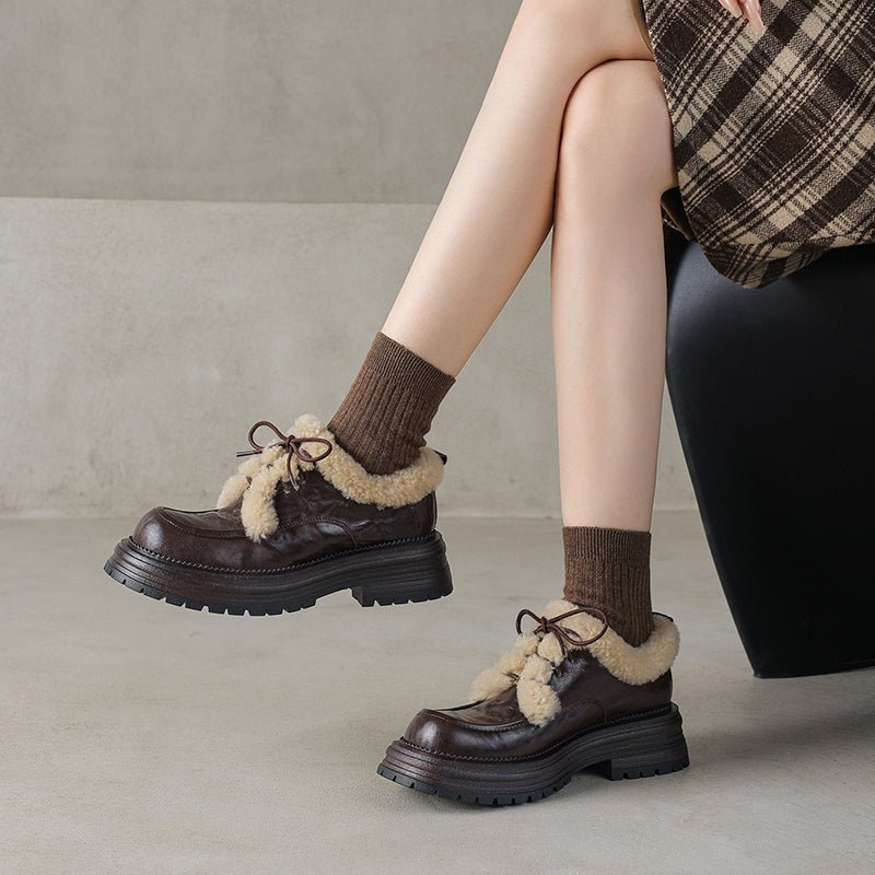 Winter Shaggy Platform Oxford Shoes Lace-Up Sheepskin Leather Casual Shoes in Black/Brown
