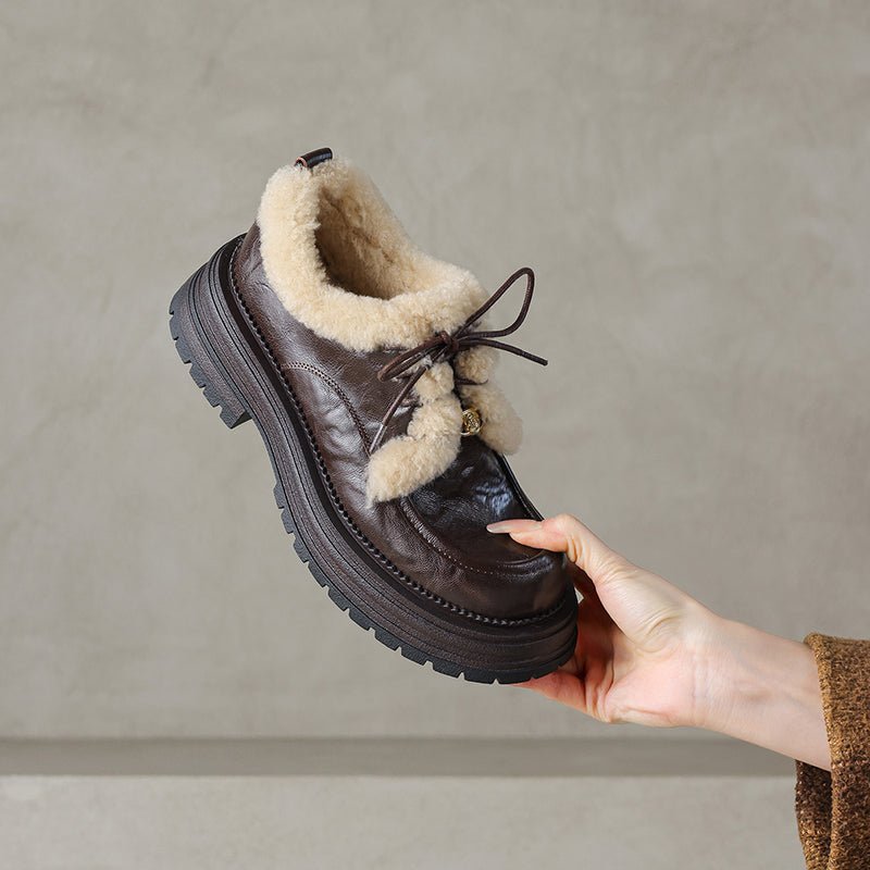 Winter Shaggy Platform Oxford Shoes Lace-Up Sheepskin Leather Casual Shoes in Black/Brown - Image 4
