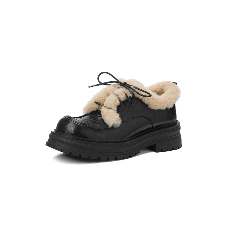 Winter Shaggy Platform Oxford Shoes Lace-Up Sheepskin Leather Casual Shoes in Black/Brown - Image 11