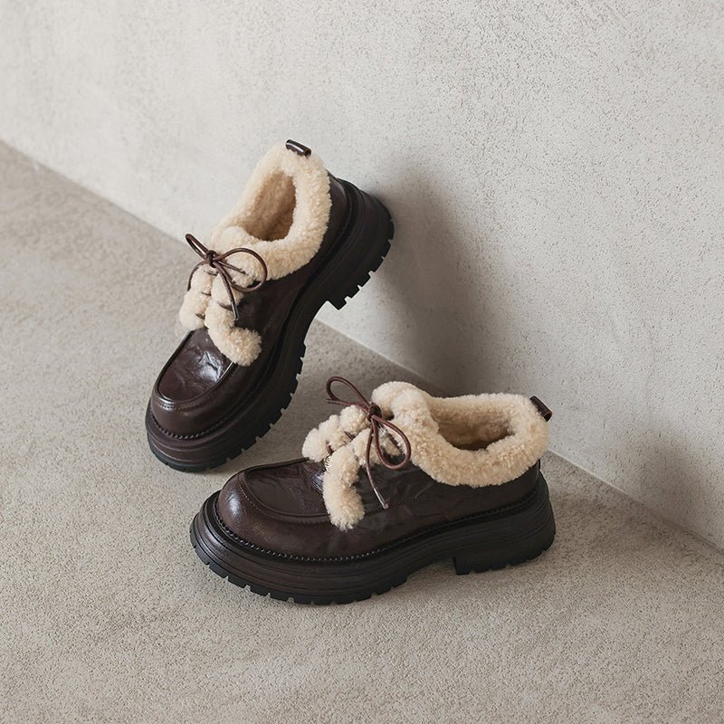 Winter Shaggy Platform Oxford Shoes Lace-Up Sheepskin Leather Casual Shoes in Black/Brown - Image 7