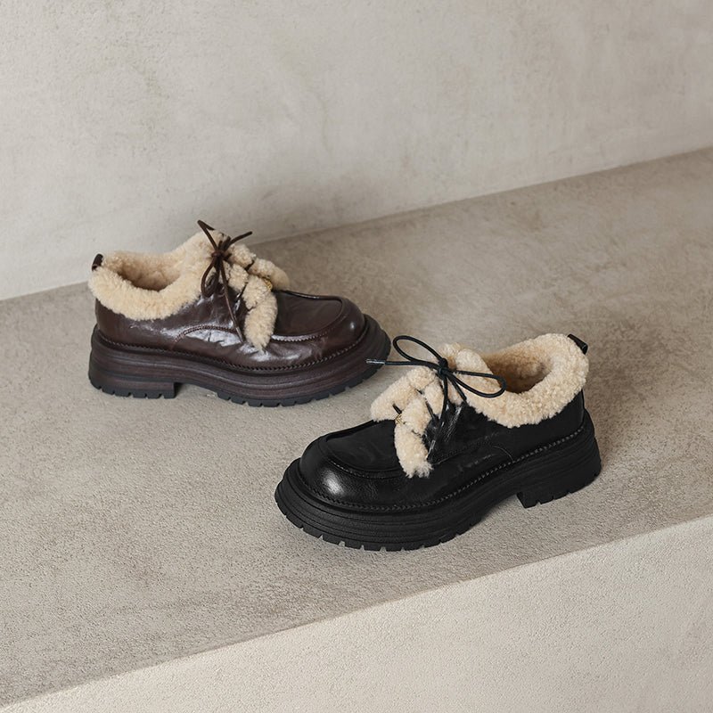 Winter Shaggy Platform Oxford Shoes Lace-Up Sheepskin Leather Casual Shoes in Black/Brown - Image 8