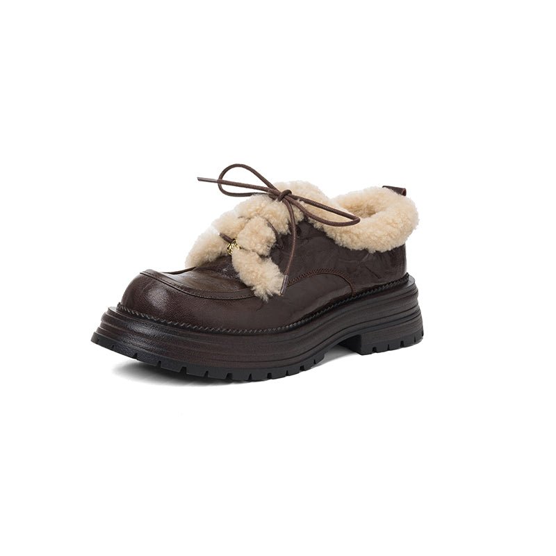 Winter Shaggy Platform Oxford Shoes Lace-Up Sheepskin Leather Casual Shoes in Black/Brown - Image 12