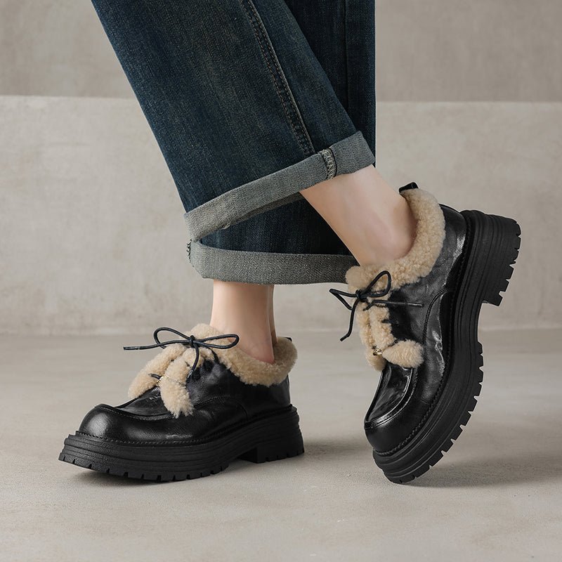 Winter Shaggy Platform Oxford Shoes Lace-Up Sheepskin Leather Casual Shoes in Black/Brown - Image 6