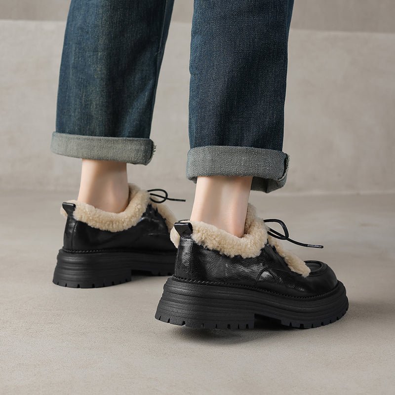 Winter Shaggy Platform Oxford Shoes Lace-Up Sheepskin Leather Casual Shoes in Black/Brown - Image 9