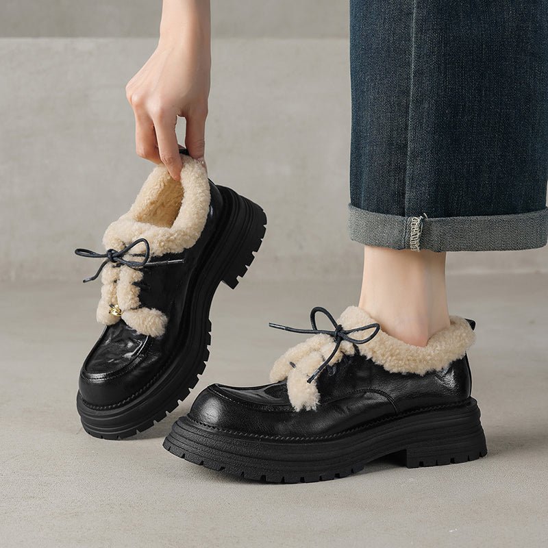 Winter Shaggy Platform Oxford Shoes Lace-Up Sheepskin Leather Casual Shoes in Black/Brown - Image 2